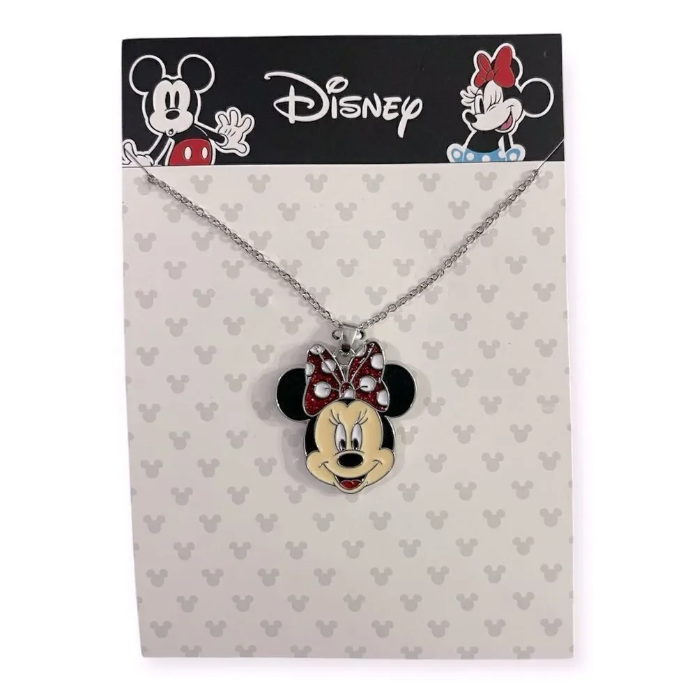 Disney Minnie Mouse Silver Tone Glitter Bow Pendant Adjustable 16” Necklace